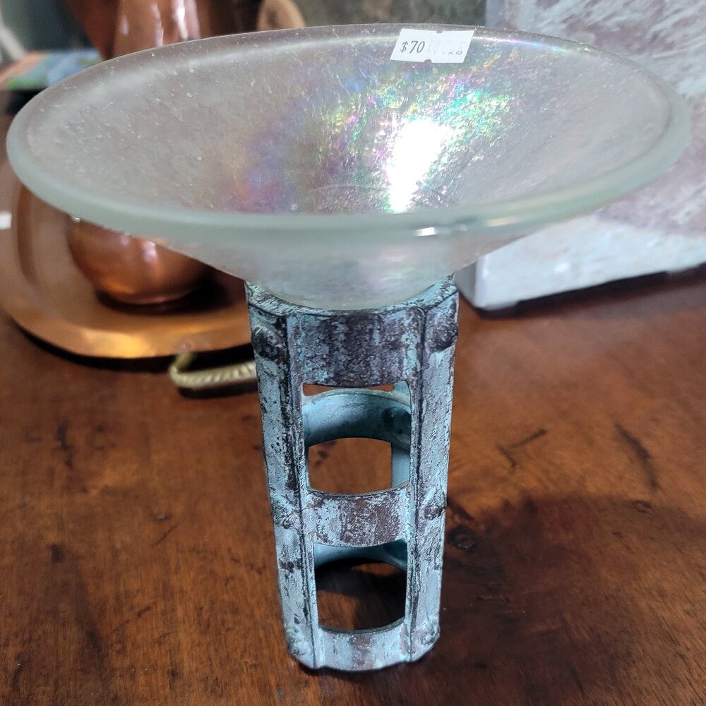 Vintage 1990s Post Modern Verdigris Metal & Pearl Glass Candle Holder